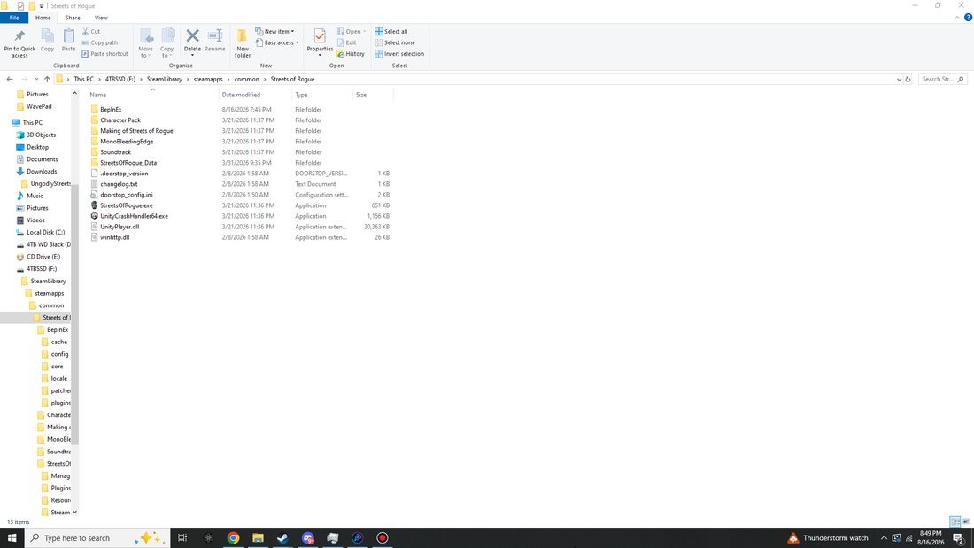 The root of the game install after Part 1. The five BepInEx items sit in the same listing as StreetsOfRogue.exe, which is the whole point.