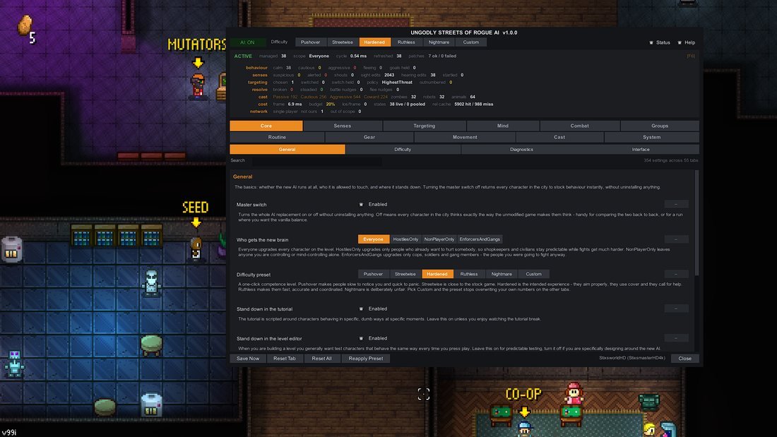 The settings panel open over a run — Core &rsaquo; General, with the live status readout above the tab rows.